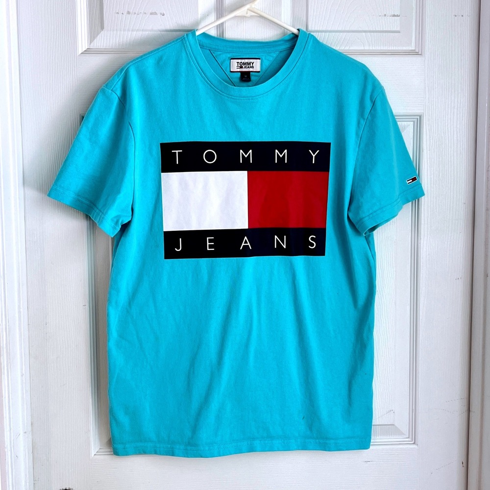Tommy Jeans T-Shirt M Womens Graphic Logo Aqua Blue Streetwear Retro Summer